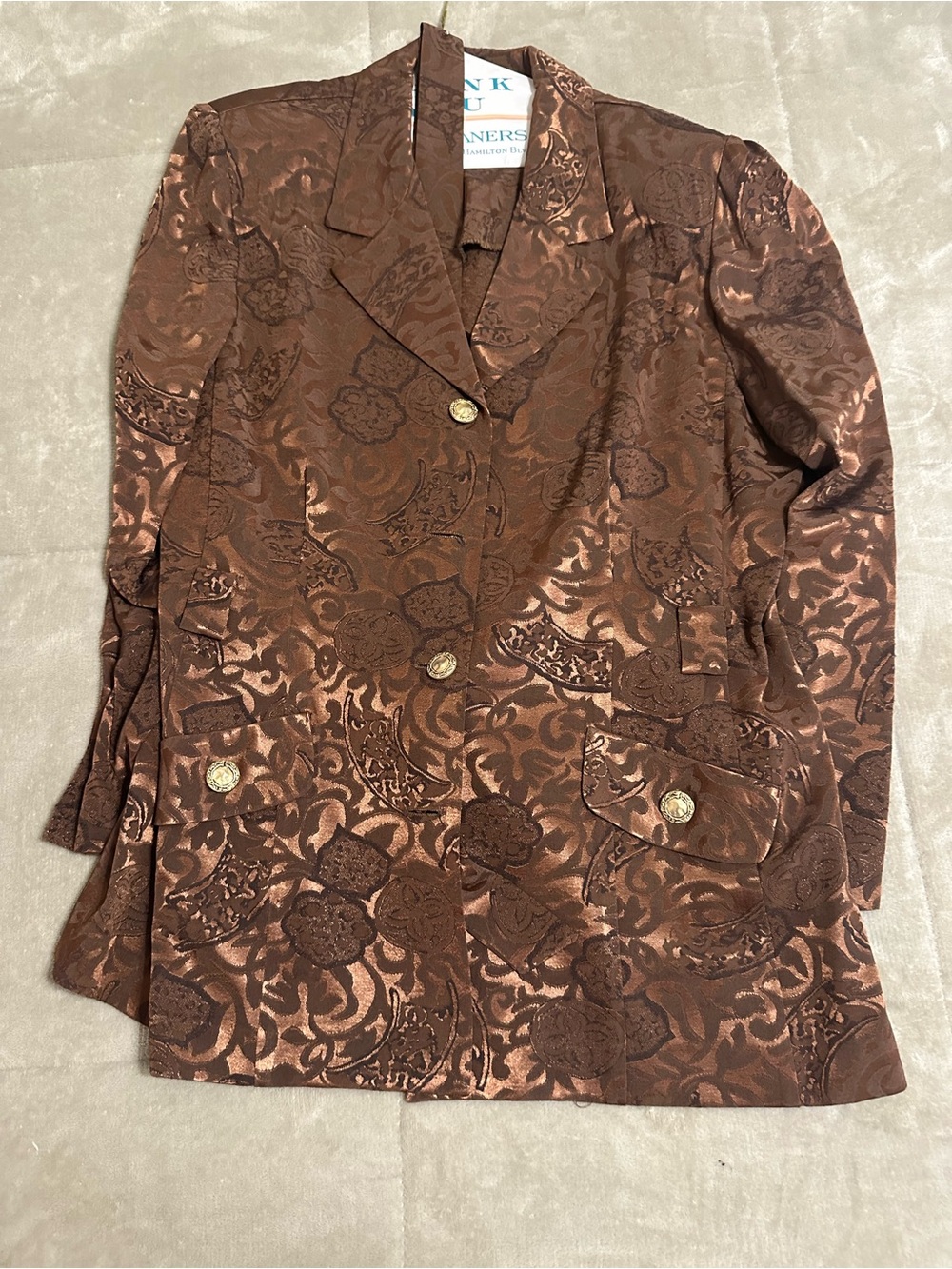 R & M Richards Brown Floral Jacquard Blazer with Gold Buttons